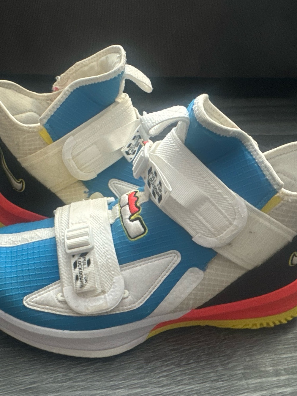 Mens Athletic Sneakers with Blue, White & Red Accents - Nike Lebron Soldiers